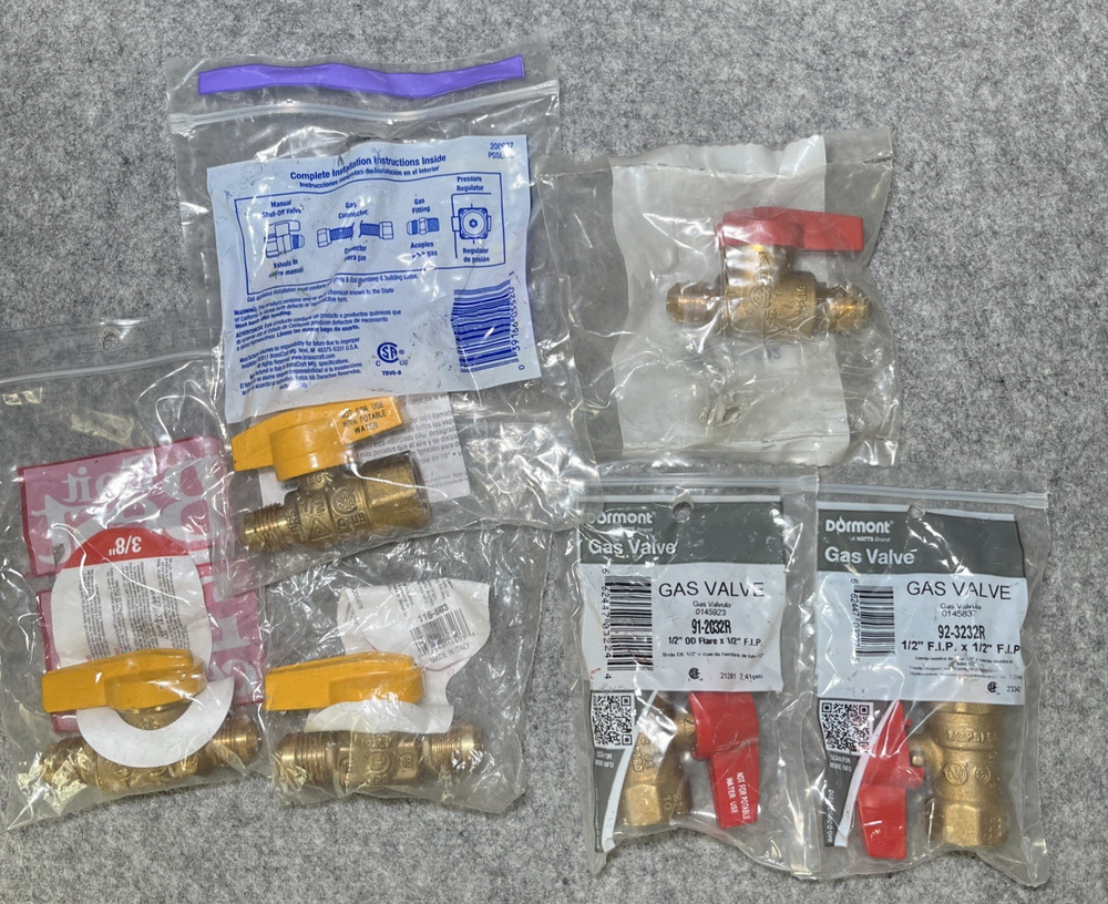 6pk Assorted Brass Flare Gas Ball Valves 3/8 in. 1/2 in. Dormont Brasscraft etc.